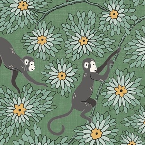 monkey forest/dark grey on green with mustard/large