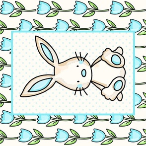 Large 27x18 Fat Quarter Panel Baby Bunny and Blue Tulips on Antique White for Wall Hanging Lovey or Tea Towel