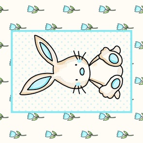 Large 27x18 Fat Quarter Panel Baby Bunny and Blue Tulips on Antique White for Wall Hanging Lovey or Tea Towel