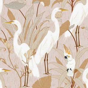 White Cranes Cockatoo Linen Pink Large