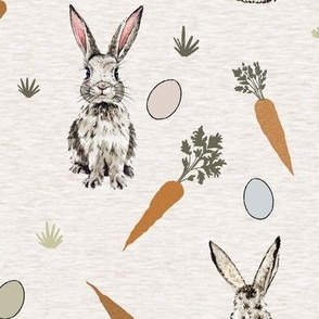 Large / Easter Bunny, Eggs and Carrots on Bone Melange Texture