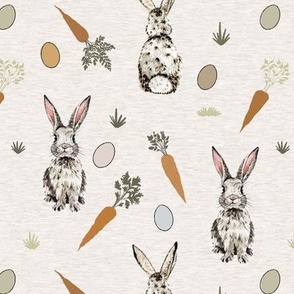 Easter Bunny, Eggs and Carrots on Bone Melange Texture