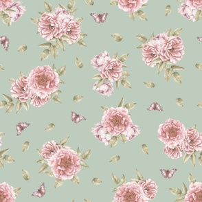 Big Faded Pink Peonies,  Roses and Butterflies on a  Mint Green background, LARGER
