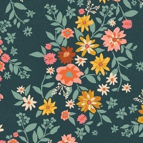 Fall Harvest Wildflower Floral on Dark Teal: Autumn-inspired flowers in the shades of the changing leaves:  paprika, pumpkin, pink, cranberry, and gold with light teal vines.