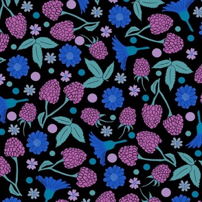 Berries and Blooms - Raspberries and Blue Flowers