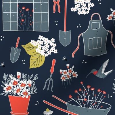 Gardener’s tools, navy blue background, small scale