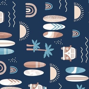 Little campervan and surf boards summer surf trip boho vacation palm trees sunshine and waves seventies vintage beige brown blue on navy blue rotated