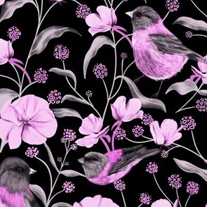 Flowers and Birds - Black and Purple
