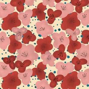 Bright Red Bold Gouache Flowers on Pale Yellow