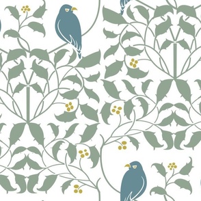 Voysey Leaves Yellow Berries With Birds on White