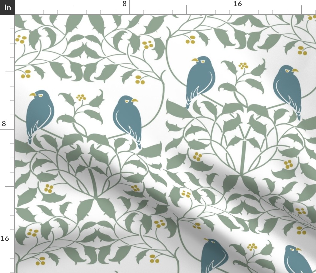 Voysey Leaves Yellow Berries With Birds on White