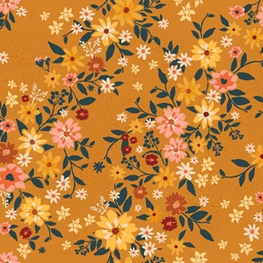 Fall Harvest Wildflower Floral on Butterscotch: Autumn-inspired flowers in the shades of the changing leaves:  paprika, pumpkin, cranberry, and gold with dark teal vines.