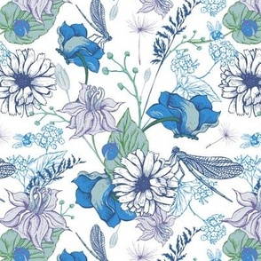 Blue summer waterly flowers on white