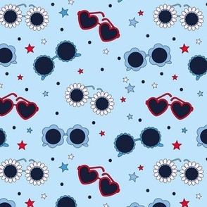 4th of July party - stars and sunglasses usa summer vibes retro love and flower shapes blue red on light blue 