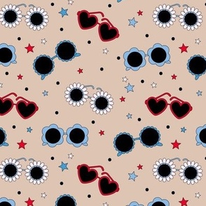 4th of July party - stars and sunglasses usa summer vibes retro love and flower shapes blue red on beige tan 