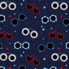 4th of July party - stars and sunglasses usa summer vibes retro love and flower shapes blue red on navy 