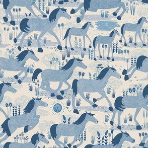 Wild horses  - winter blue (smaller 12"- wild horses collection) Wild horses running in various blues  in this wild west inspired design.