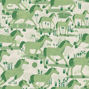 Wild horses  - spring greens (smaller 12" -wild horses collection) Wild horses running in various greens in this wild west inspired design.