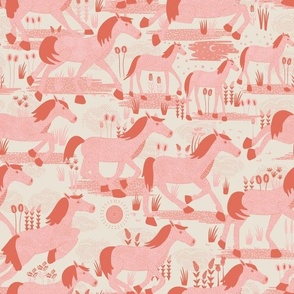 Wild horses  - summer pink (smaller 12" -wild horses collection ) Wild horses running in various pinks in this wild west inspired design.
