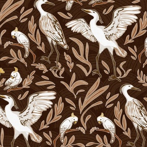 elegant white birds_ herons and cockatoos_Brown BG _medium scale