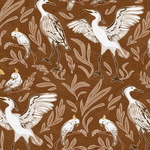 Monochrome  herons and cockatoos_elegant white birds_Terra earthy warm tones_ medium scale