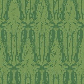 Woodpecker - green (barefoot and boho collection - fabric 12" wallpaper 24" ) An abstract repeat of the woodpecker bird in two shades of green..