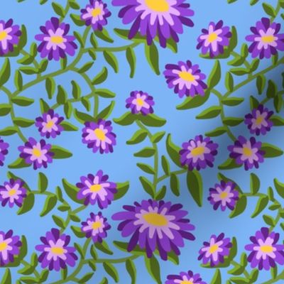 Block Print Wild Mum Flowers in Purple on Blue