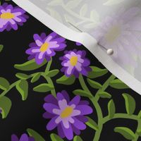 Block Print Wild Mum Flowers in Purple on Black