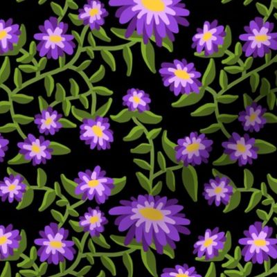 Block Print Wild Mum Flowers in Purple on Black