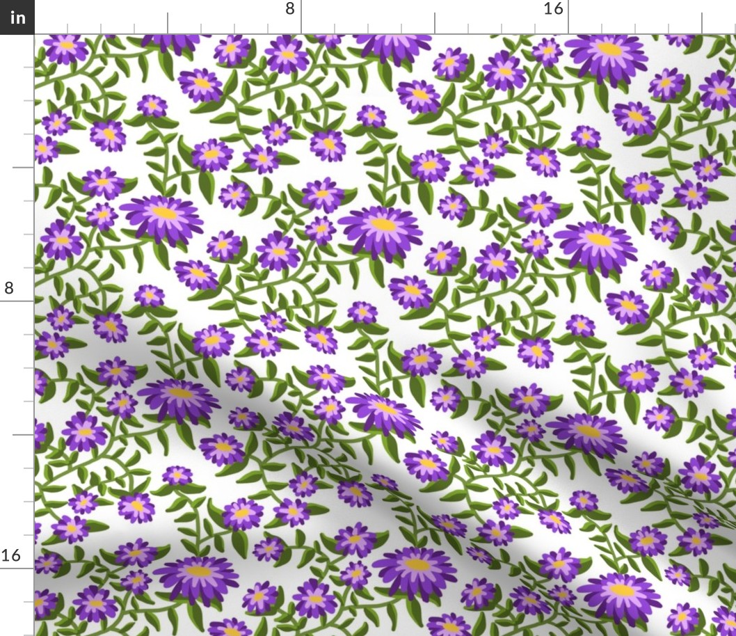 Block Print Wild Mum Flowers in Purple on White