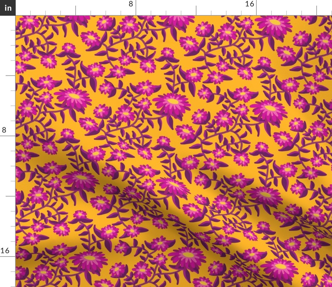 Block Print Wild Mum Flowers in Hot Pink and Purple on Golden Orange