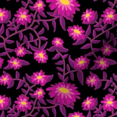 Block Print Wild Mum Flowers in Hot Pink and Purple on Black