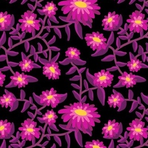 Block Print Wild Mum Flowers in Hot Pink and Purple on Black