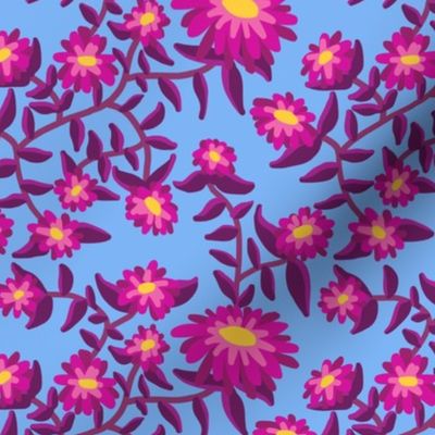 Block Print Wild Mum Flowers in Hot Pink and Purple on Blue