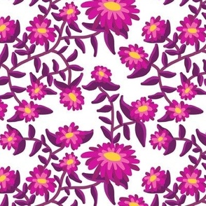 Block Print Wild Mum Flowers in Hot Pink and Purple on White
