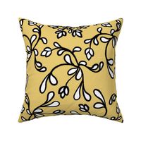 Line drawing of swirls into a floral motif , outline black on gold with white interior