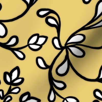 Line drawing of swirls into a floral motif , outline black on gold with white interior