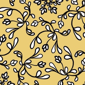 Line drawing of swirls into a floral motif , outline black on gold with white interior
