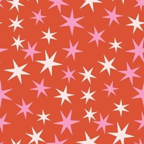 SMALL retro red and pink christmas stars fabric - hippie vintage holiday design