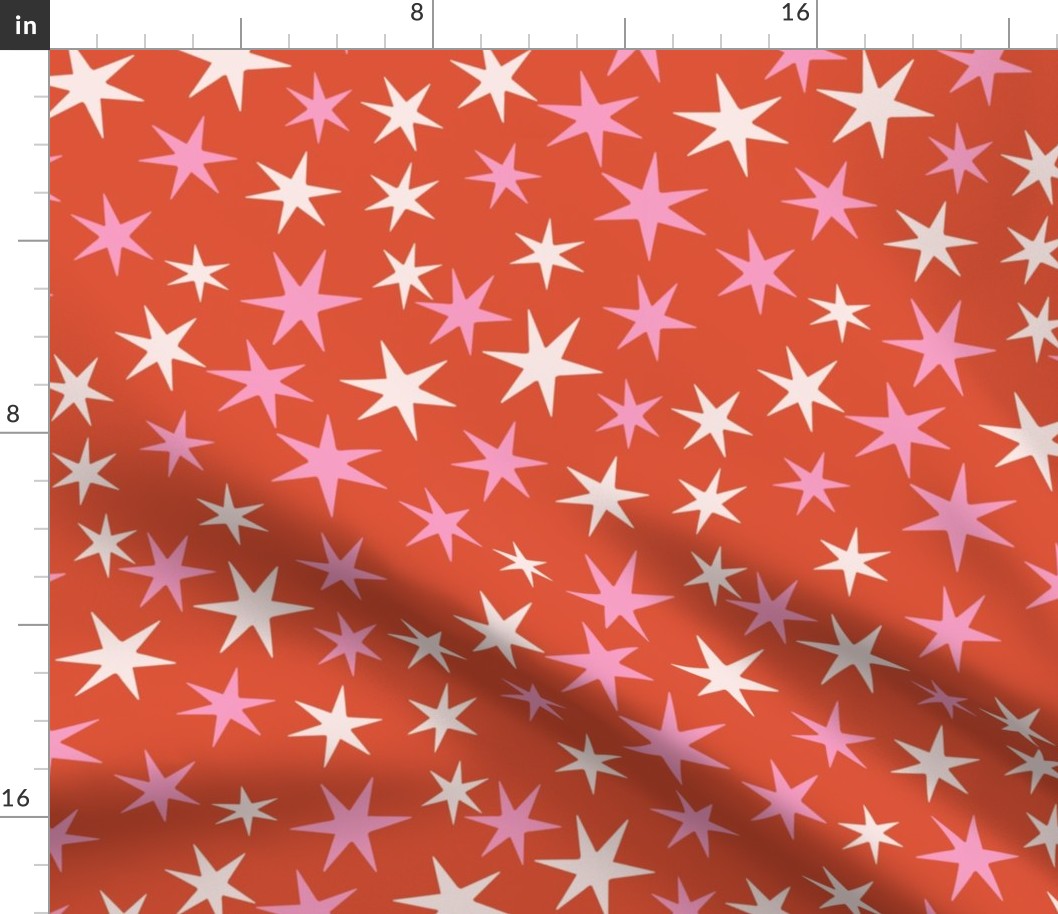 MEDIUM retro red and pink christmas stars fabric - hippie vintage holiday design