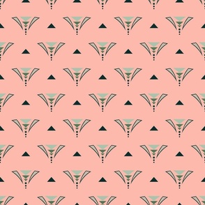 Art Deco. Green Triangles and Circles on coral bg