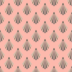 Art Deco. Green Triangles and Rhombuses on coral bg
