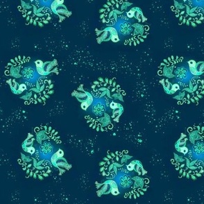 Seafoam Green Birds, Leaves and Dots on a Night Blue Sky