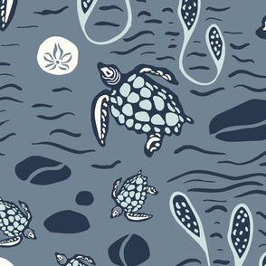 (large) sea turtles and sand dollars in shades of blue