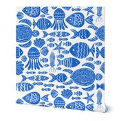 Blue fishes and ocean creatures| coastal blue on white