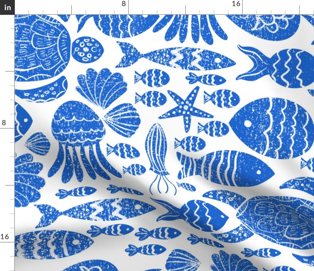 Blue fishes and ocean creatures| coastal blue on white