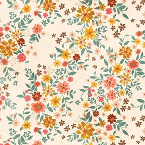 Fall Harvest Wildflower Floral on Warm Cream: Autumn-inspired flowers in the shades of the changing leaves:  paprika, pumpkin, pink, cranberry, and gold with light teal vines.