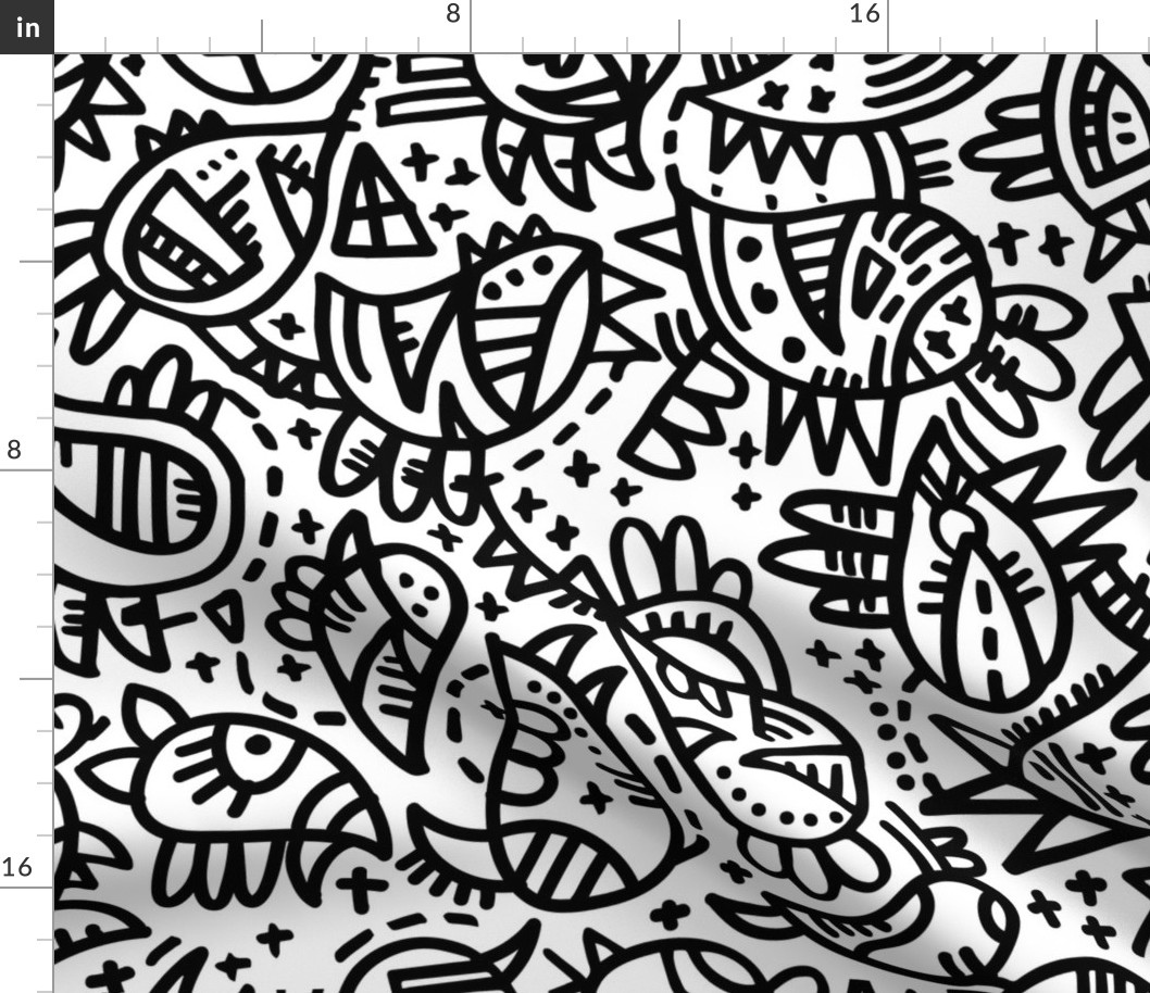 Prickly paisley doodle - black and white