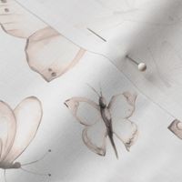 Delicate Butterflies Sketched in Light Sepia Beige on White