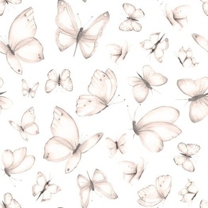 Delicate Butterflies Sketched in Light Sepia Beige on White
